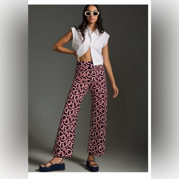 - Anthropologie Maeve NWT Colette Cropped Wide-Leg Ponte Pants Red Motif N… - Picture 1 of 10
